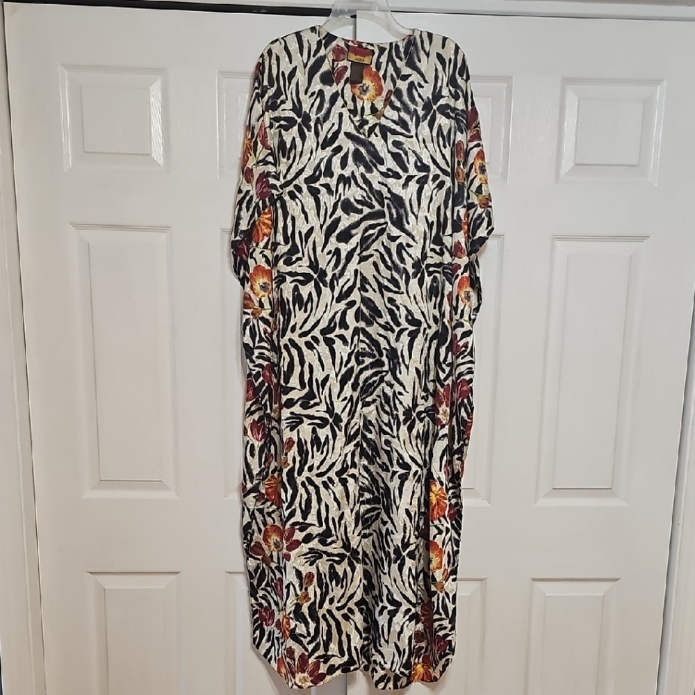 Floral Black, White And Bronze Kaftan Dress